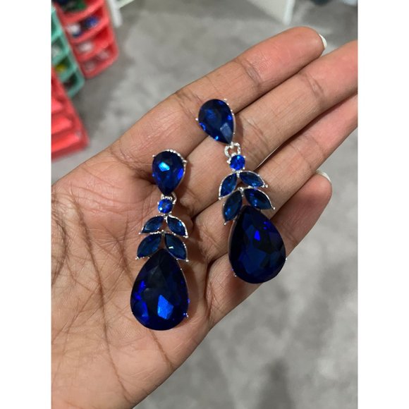 Royal blue earring long teardrop electric dangle rhinestone crystal blue 2.25” - Picture 2 of 9